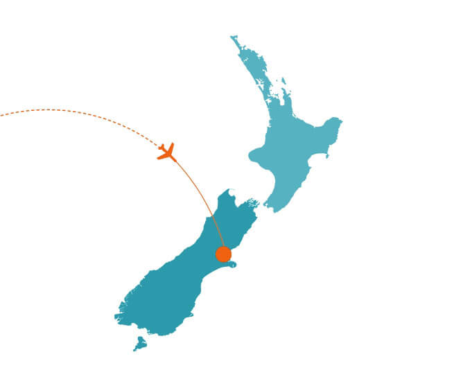 Map of New Zealand with airplane icon flying towards destination marker